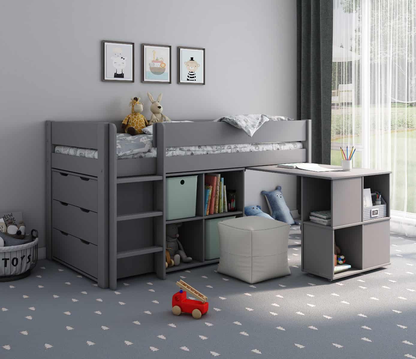 Kids Avenue Estella Midsleeper with Desk & Chest - Grey | Buy Online | Beds.ie