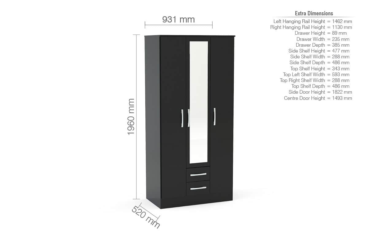 Lynx 3 Door 2 Drawer Robe with Mirror - Black - Image 3