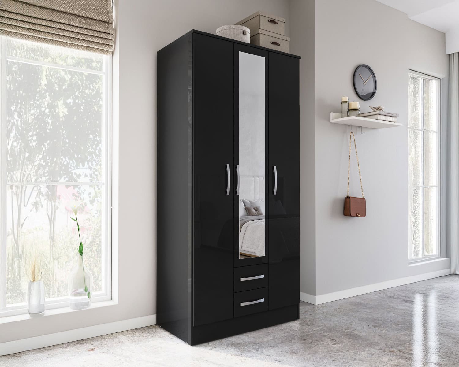 Lynx 3 Door 2 Drawer Robe with Mirror - Black - Image 4