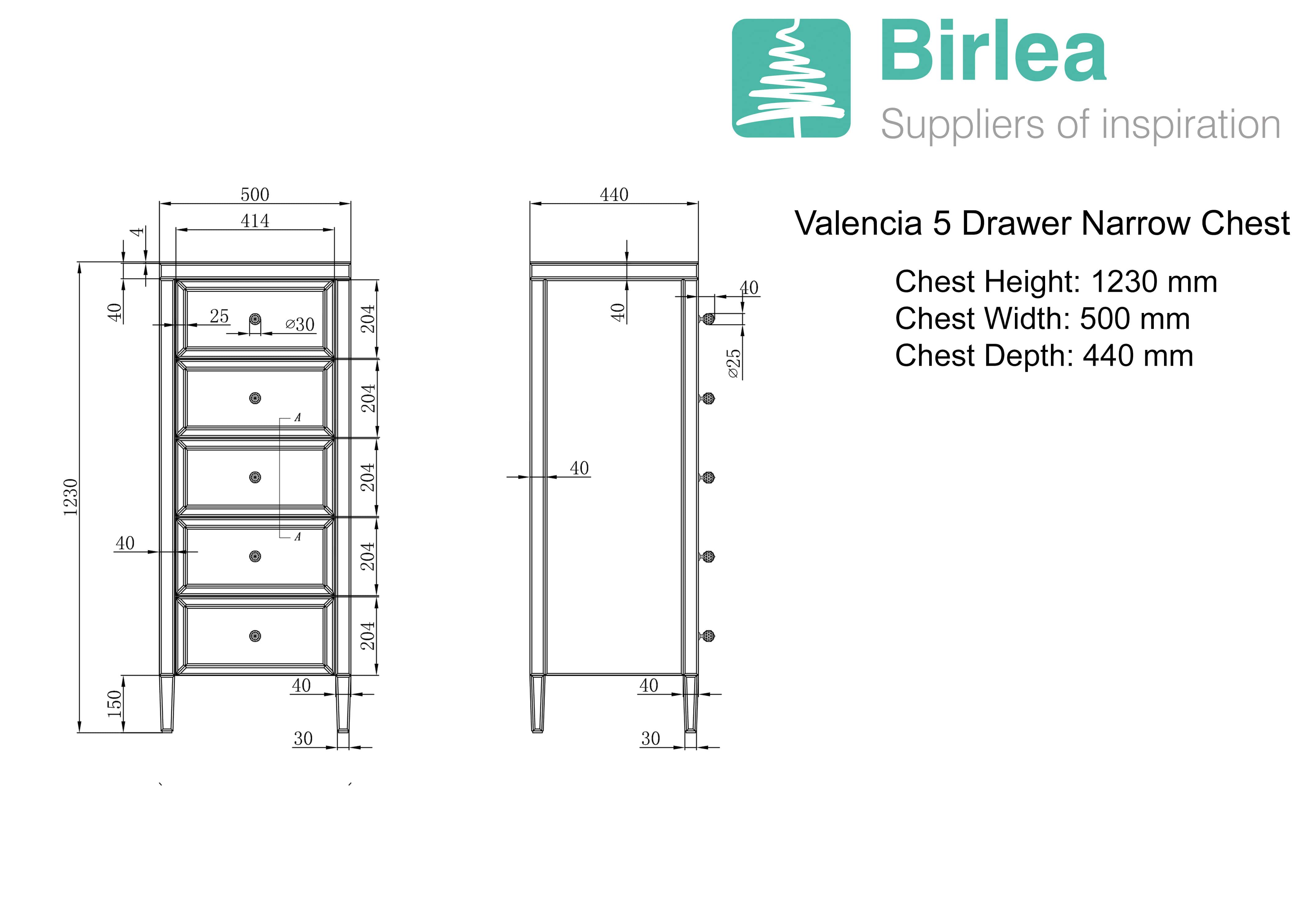 Valencia Mirrored 5 Drawer Narrow Chest - Image 4