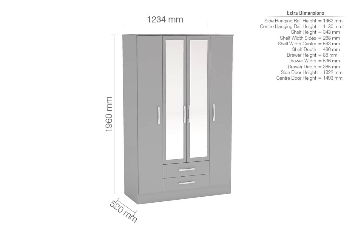 Lynx 4 Door 2 Drawer Wardrobe With Mirror - Grey - Image 3