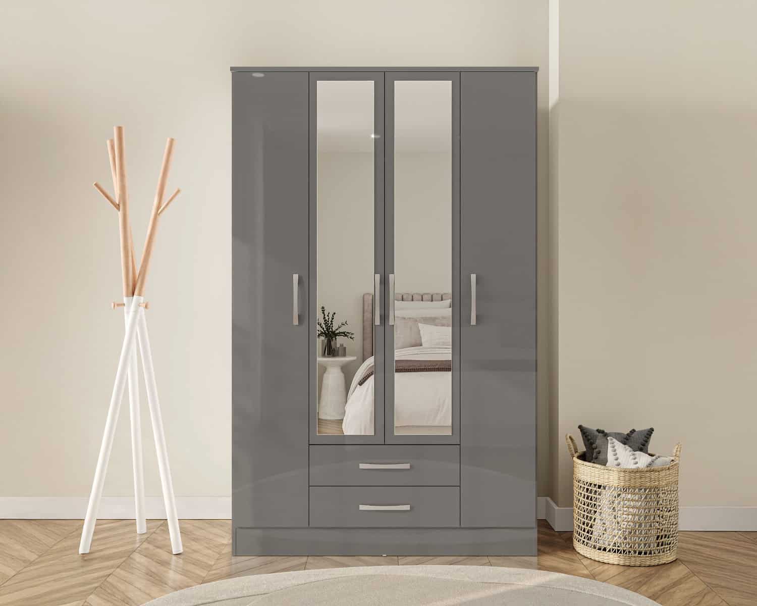 Lynx 4 Door 2 Drawer Wardrobe With Mirror - Grey - Image 4