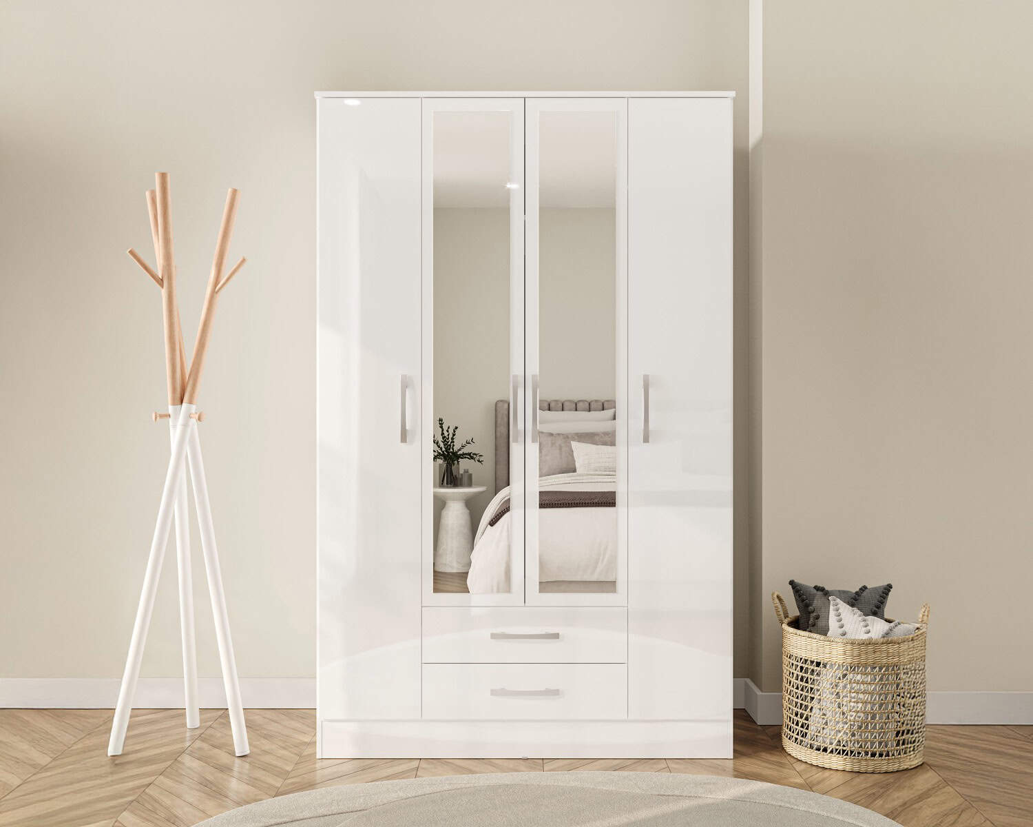 Lynx 4 Door 2 Drawer Wardrobe With Mirror - White - Image 4