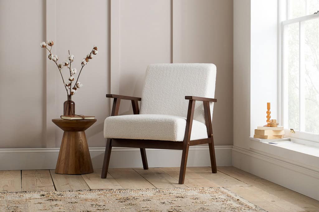 Ellwood Boucle Fabric Armchair - White & Dark Brown | Buy Online | Beds.ie