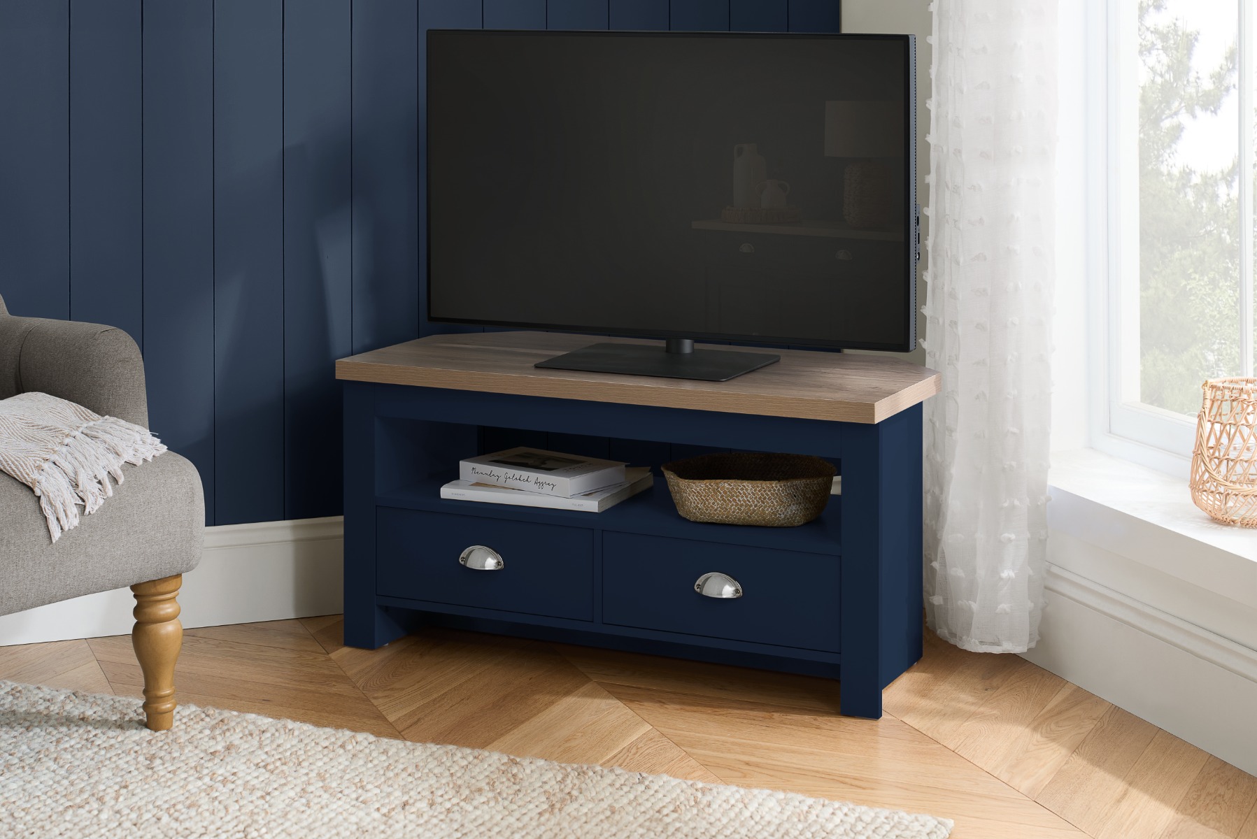 Highgate Corner TV Unit - Navy & Oak | Buy Online | Beds.ie