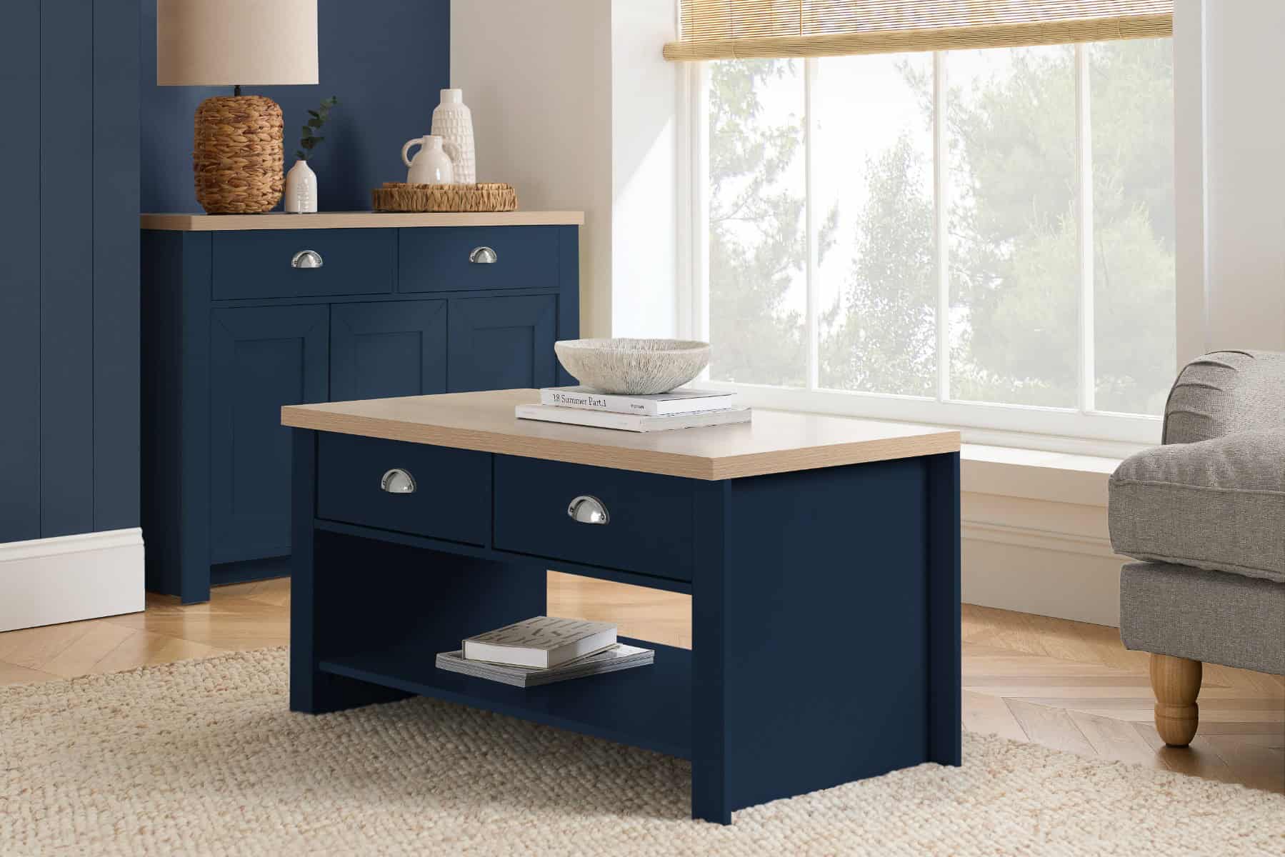 Highgate 2 Drawer Coffee Table - Navy & Oak | Buy Online | Beds.ie