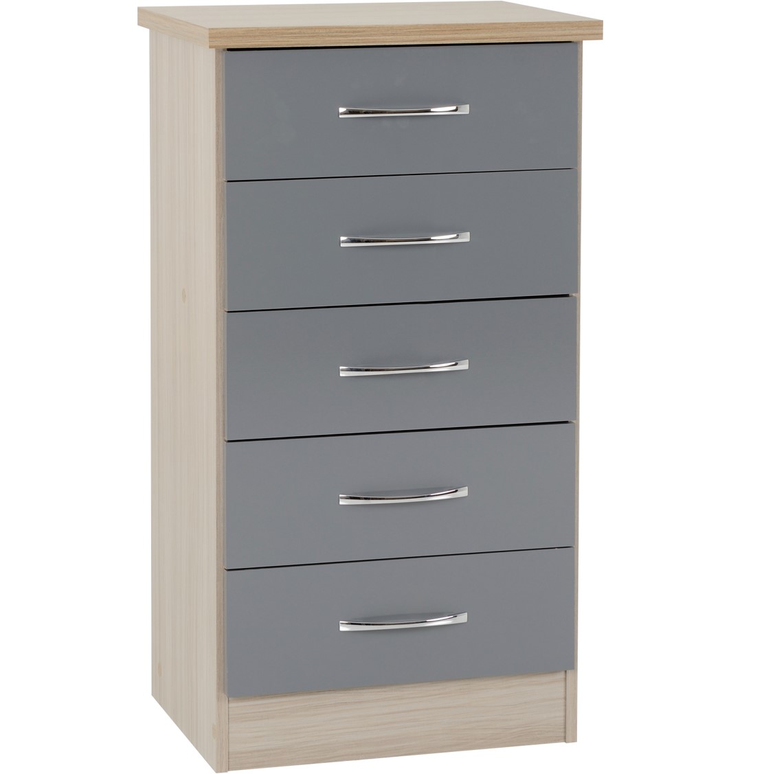Nevada 5 Drawer Narrow Chest - Grey Gloss & Oak | Buy Online | Beds.ie