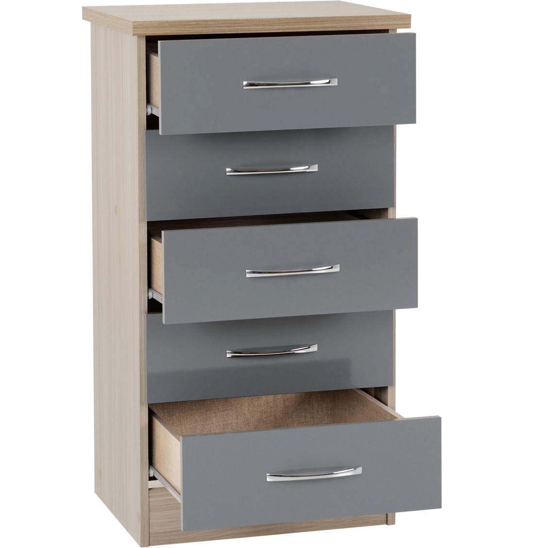 Nevada 5 Drawer Narrow Chest - Grey Gloss & Oak - Image 2
