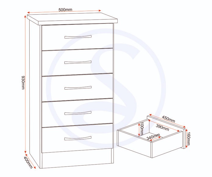 Nevada 5 Drawer Narrow Chest - Grey Gloss & Oak - Image 5