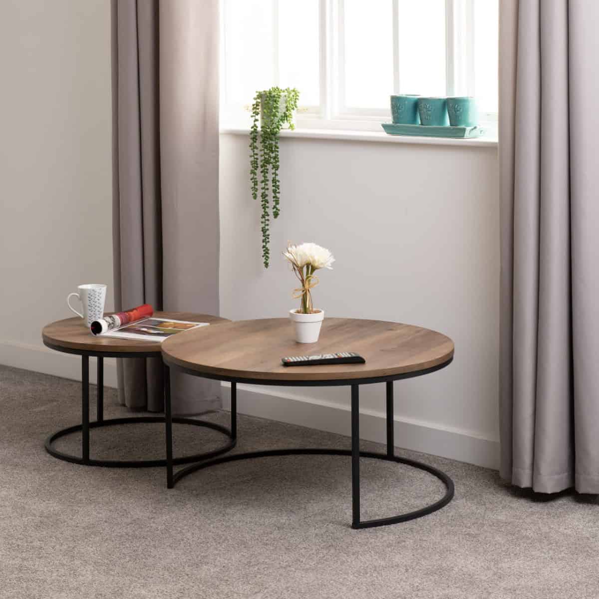 Quebec Round Coffee Table Set - Medium Oak Effect/Black - Image 5