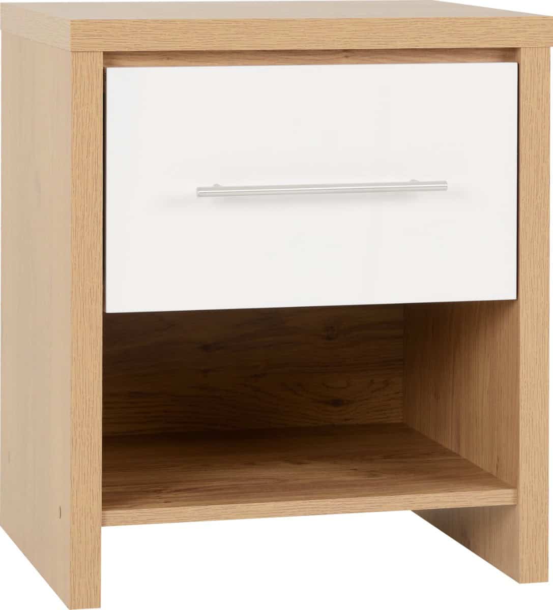 Seville 1 Drawer Bedside Cabinet - White Gloss/Light Oak | Buy Online | Beds.ie