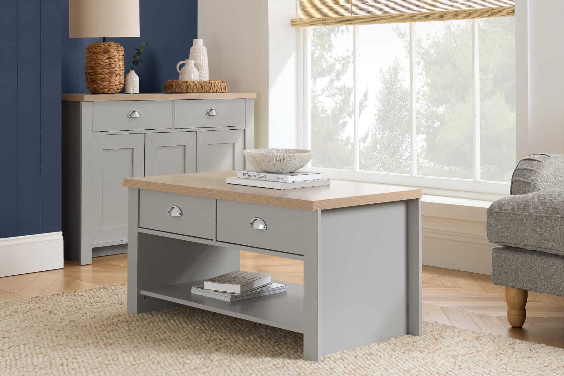 Highgate 2 Drawer Coffee Table - Grey & Oak | Buy Online | Beds.ie