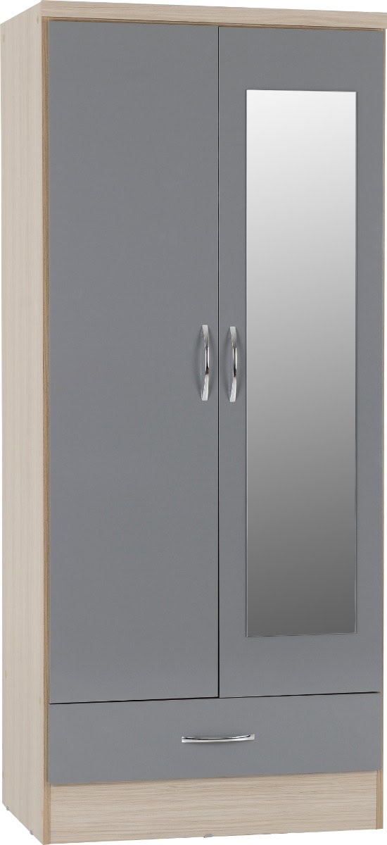 Nevada Mirrored 2 Door 1 Drawer Wardrobe - Grey Gloss & Oak | Buy Online | Beds.ie