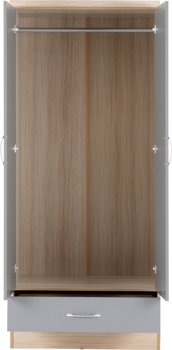 Nevada Mirrored 2 Door 1 Drawer Wardrobe - Grey Gloss & Oak - Image 2