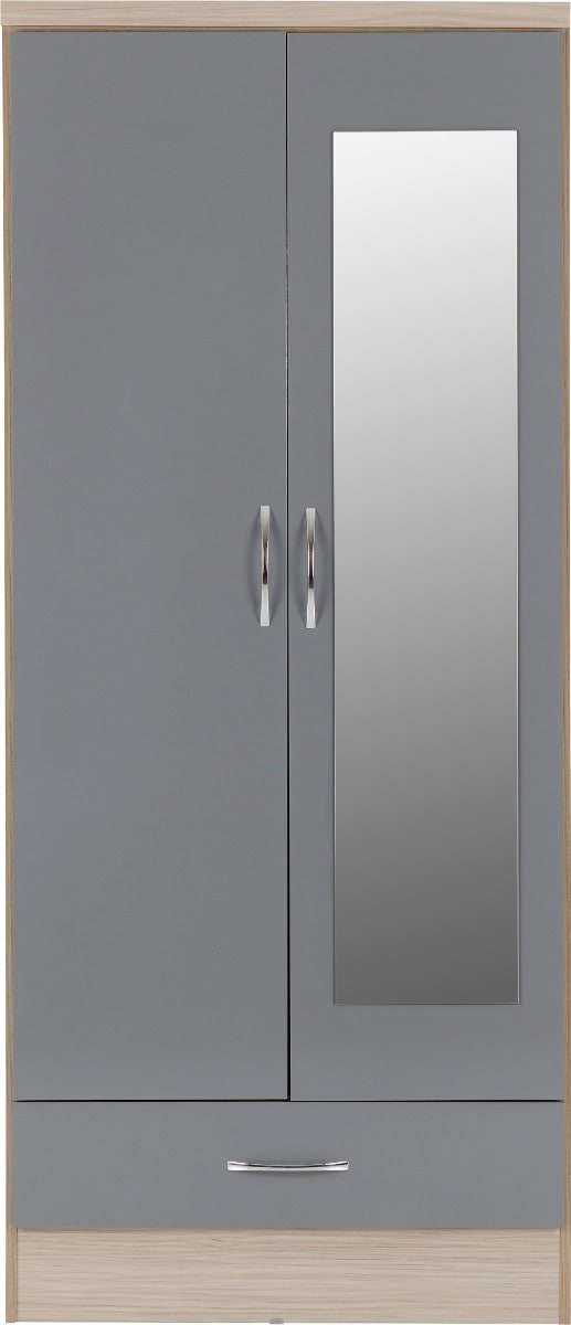 Nevada Mirrored 2 Door 1 Drawer Wardrobe - Grey Gloss & Oak - Image 3