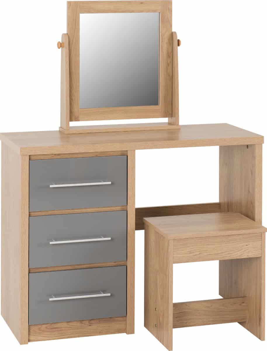 Seville 3 Drawer Dressing Table Set - Grey High Gloss/Light Oak | Buy Online | Beds.ie