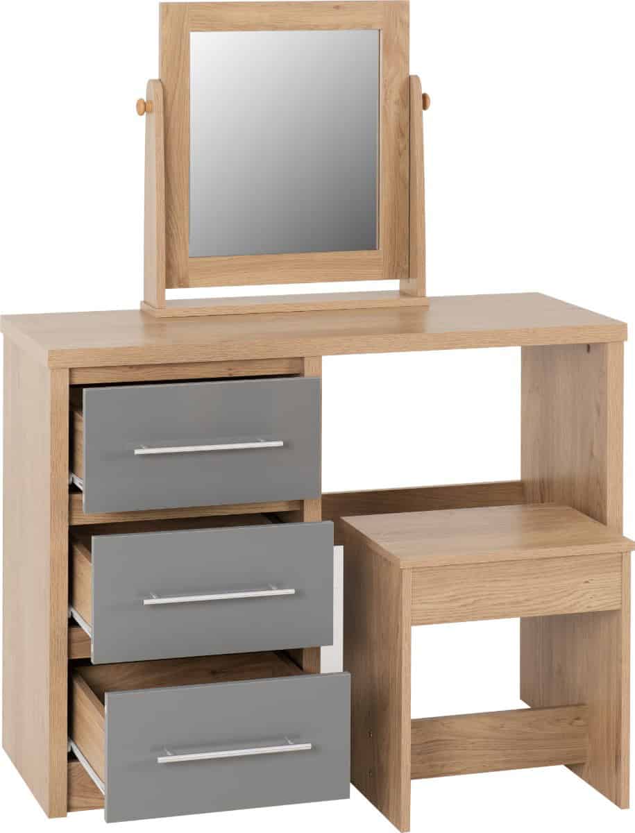 Seville 3 Drawer Dressing Table Set - Grey High Gloss/Light Oak - Image 2