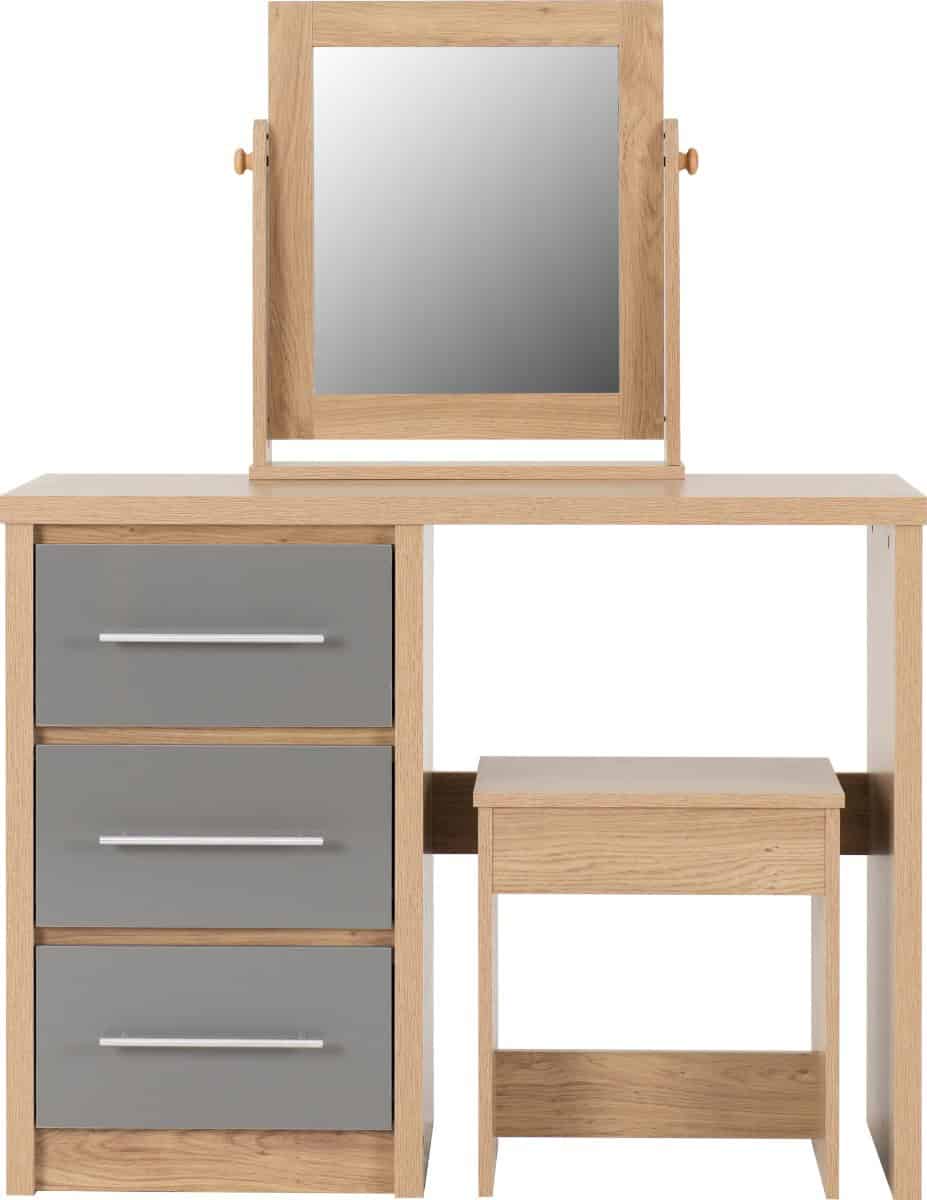 Seville 3 Drawer Dressing Table Set - Grey High Gloss/Light Oak - Image 3