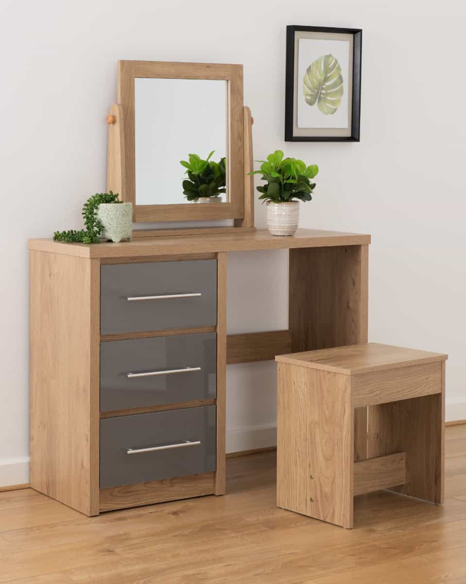 Seville 3 Drawer Dressing Table Set - Grey High Gloss/Light Oak - Image 4