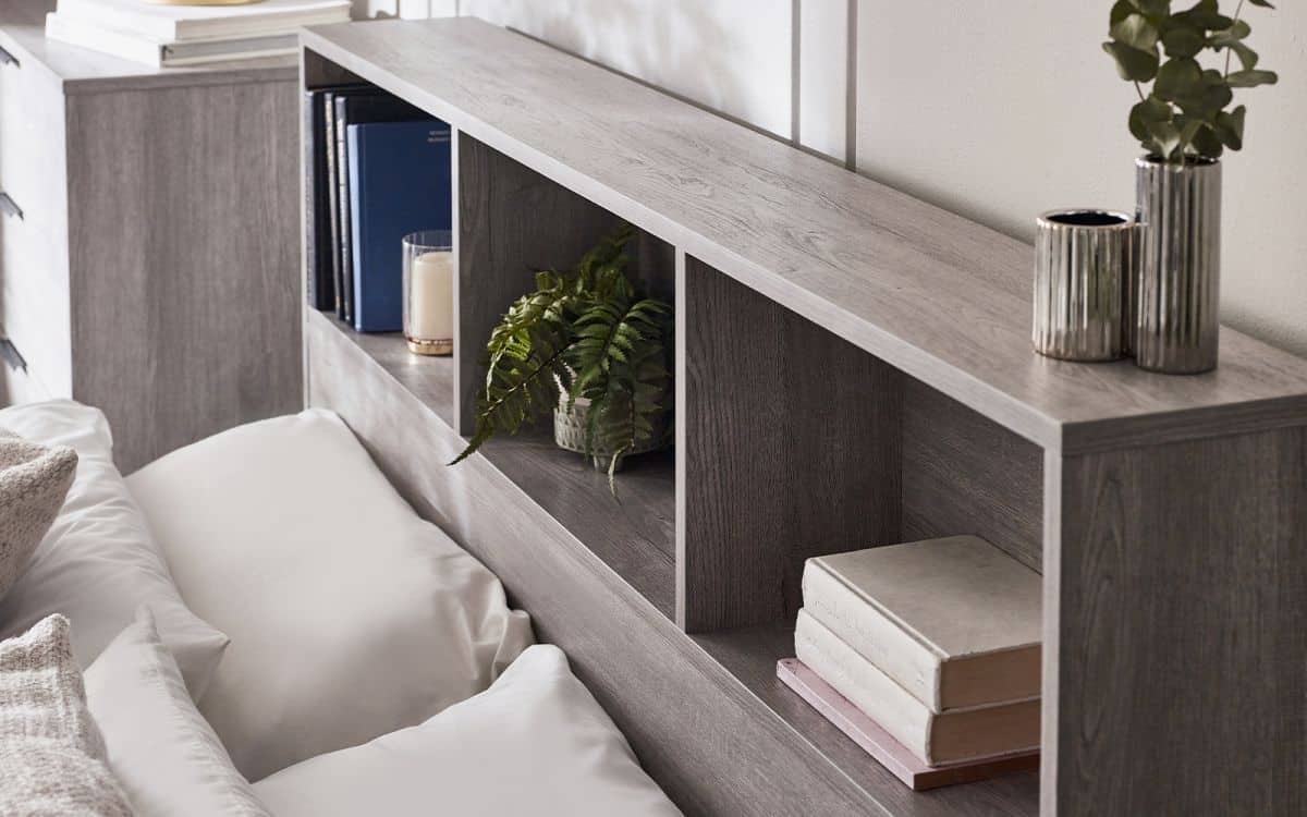 Batu 5ft Bookcase Headboard Ottoman Bed - Grey Oak - Image 5