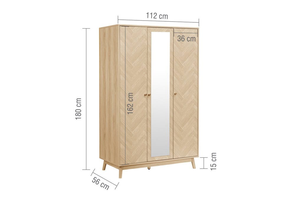 Herringford 3 Door Wardrobe with Mirror - Oak - Image 11