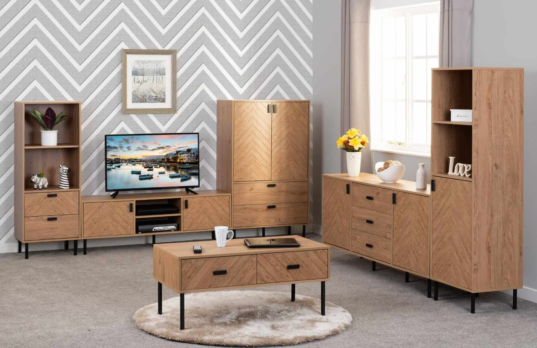 Leon 2 Drawer 2 Shelf Cabinet - Medium Oak Effect - Image 9