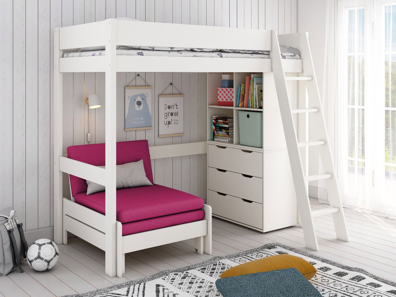 Kids Avenue Estella White Highsleeper with Pink Sofa Bed & Storage | Buy Online | Beds.ie