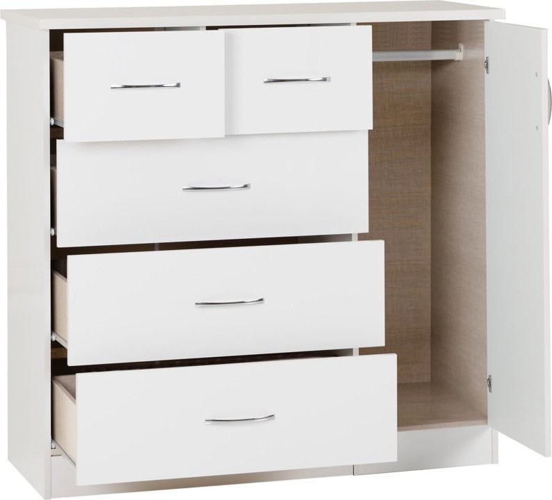 Nevada 5 Drawer Low Wardrobe - White Gloss - Image 2