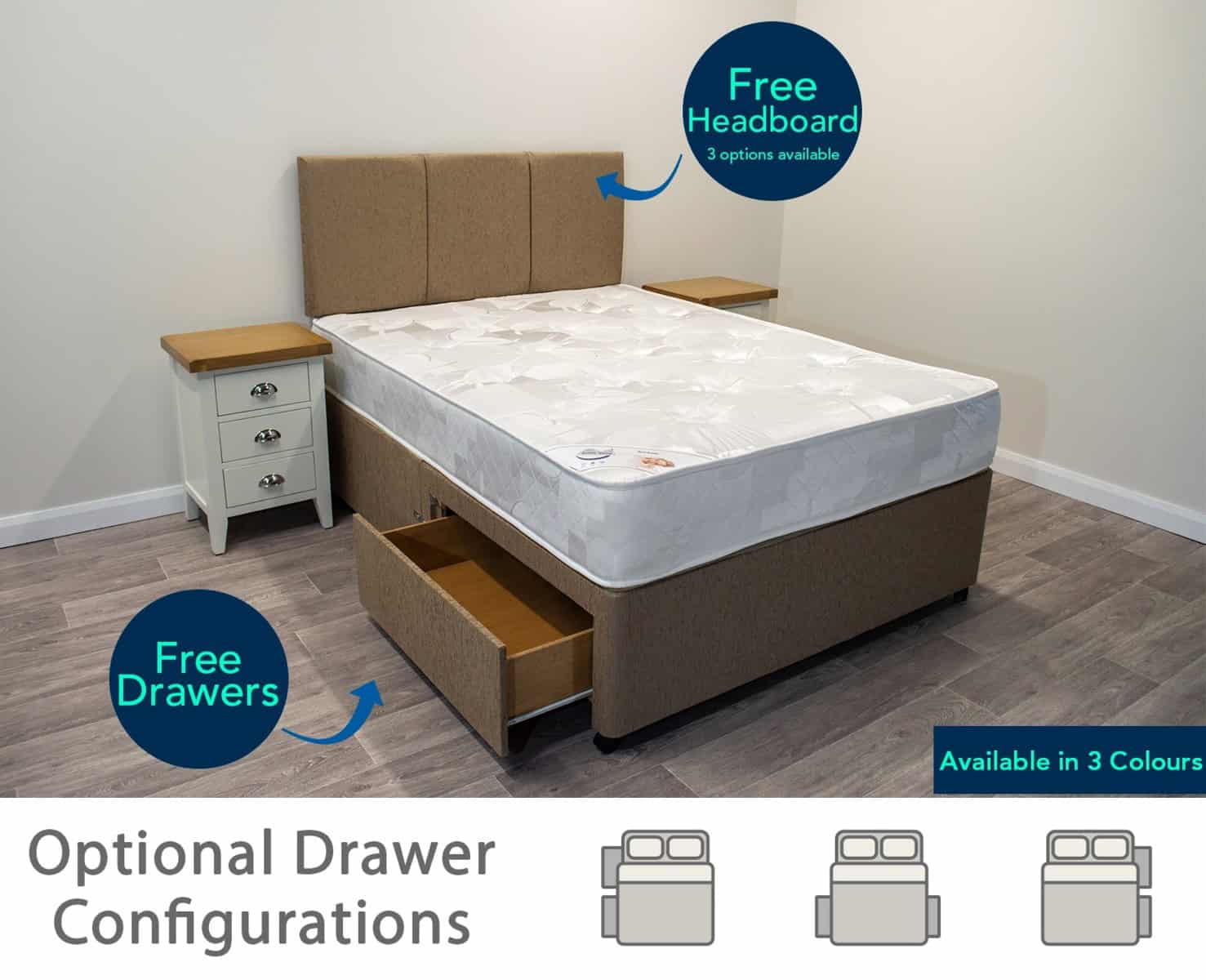 4ft6 Gold Dream Mattress with 2 FREE Drawers Base & Headboard - Image 4