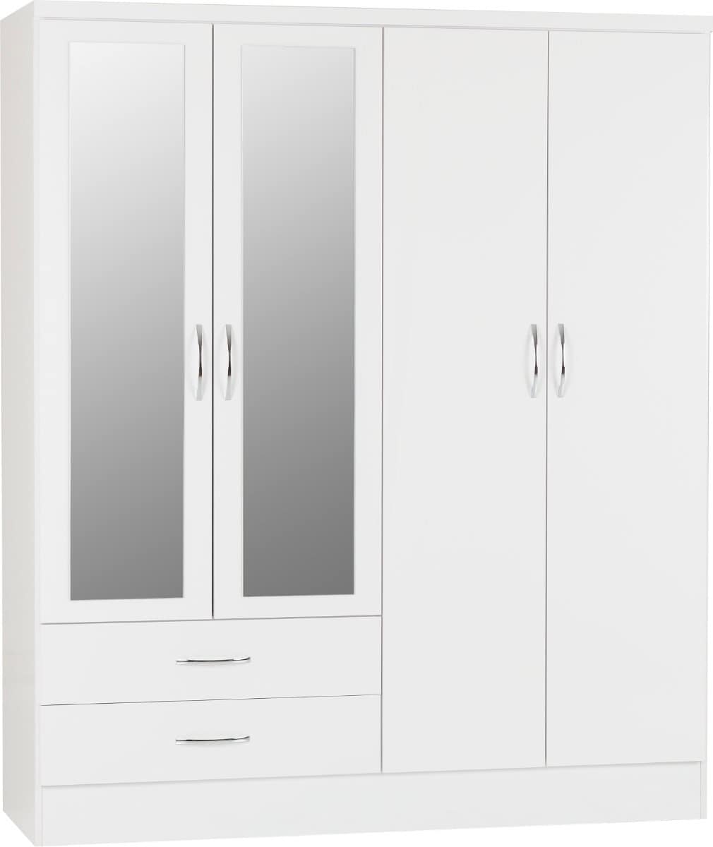 Nevada 4 Door 2 Drawer Mirrored Wardrobe - White Gloss | Buy Online | Beds.ie