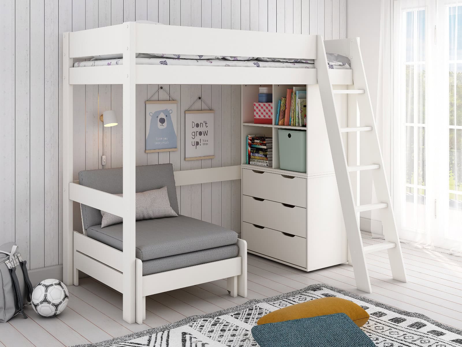 Kids Avenue Estella White Highsleeper with Silver Sofa Bed & Storage | Buy Online | Beds.ie