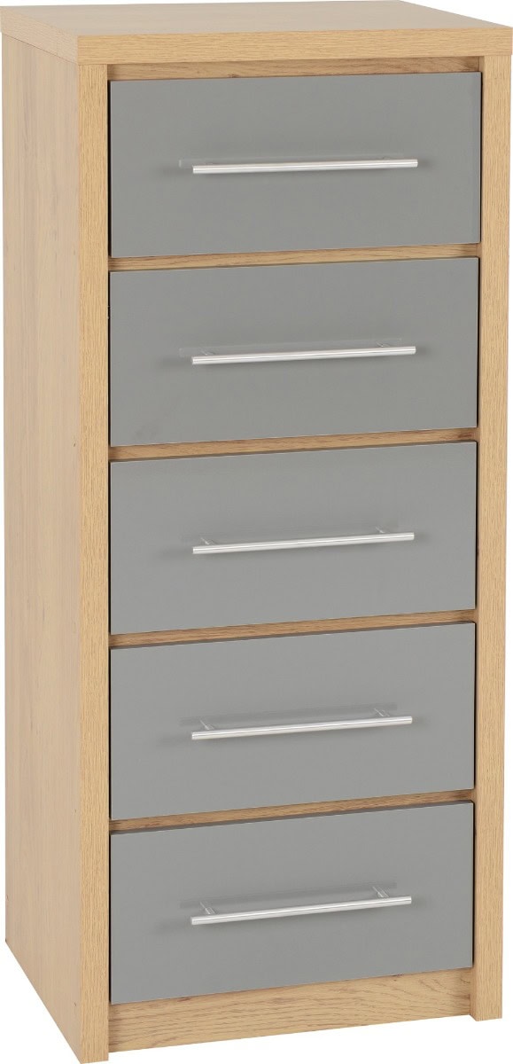 Seville 5 Drawer Narrow Chest - Grey High Gloss/Light Oak | Buy Online | Beds.ie