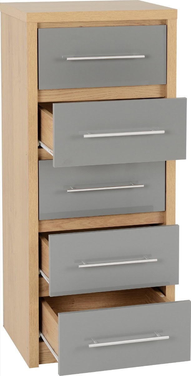 Seville 5 Drawer Narrow Chest - Grey High Gloss/Light Oak - Image 2