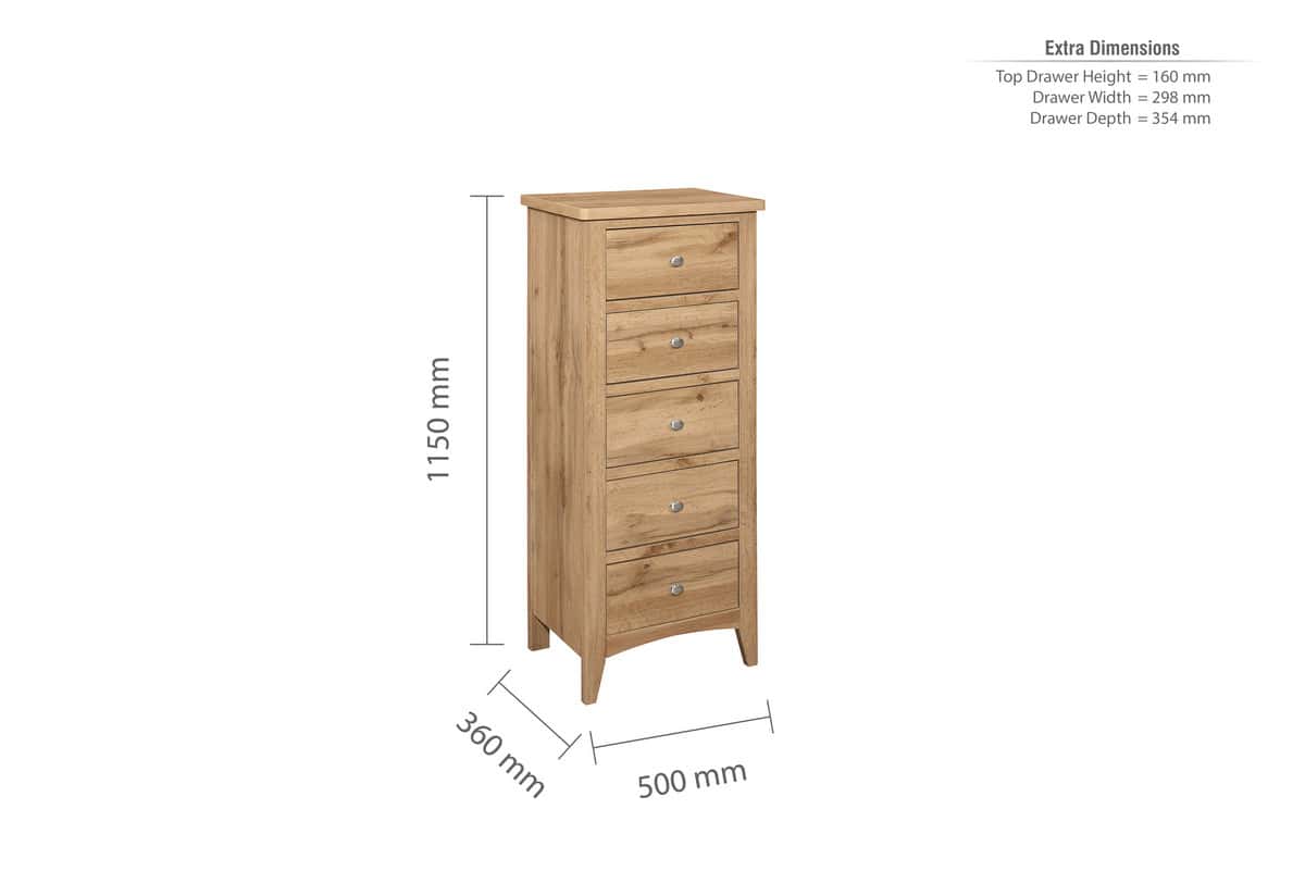 Hampstead 5 Drawer Tall Chest - Oak - Image 7