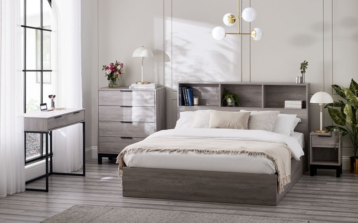 Batu 4ft6 Bookcase Headboard Ottoman Bed - Grey Oak | Buy Online | Beds.ie