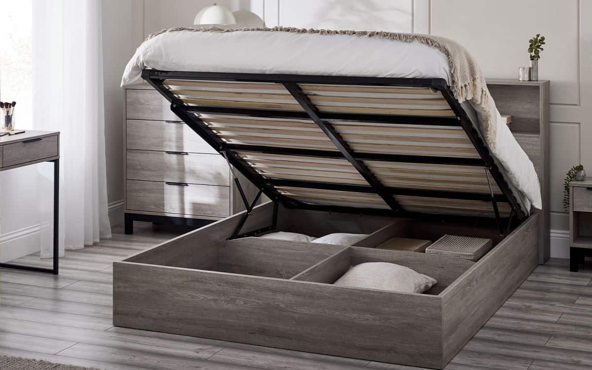 Batu 4ft6 Bookcase Headboard Ottoman Bed - Grey Oak - Image 2