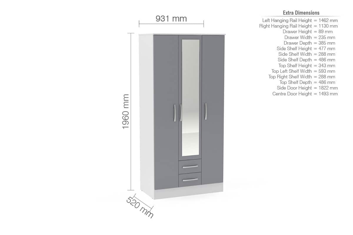 Lynx 3 Door 2 Drawer Robe with Mirror - White & Grey - Image 3