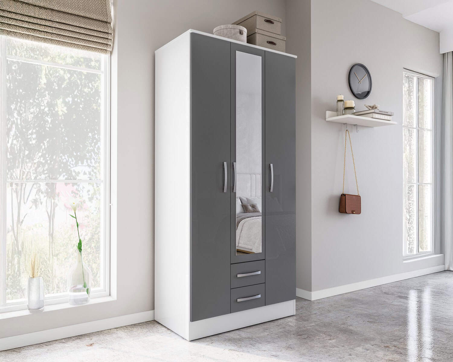 Lynx 3 Door 2 Drawer Robe with Mirror - White & Grey - Image 4