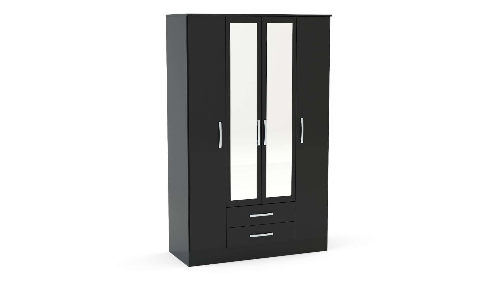 Lynx 4 Door 2 Drawer Wardrobe With Mirror - Black | Buy Online | Beds.ie