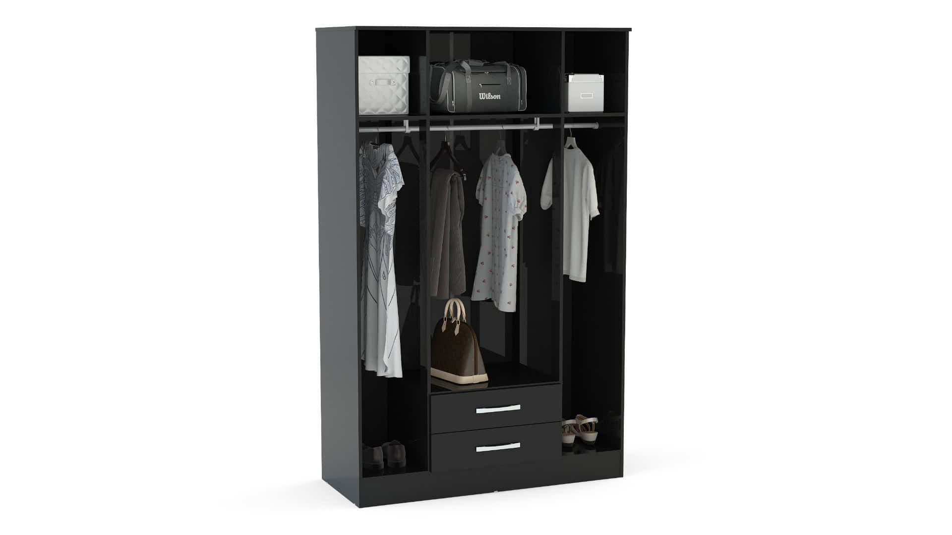 Lynx 4 Door 2 Drawer Wardrobe With Mirror - Black - Image 2