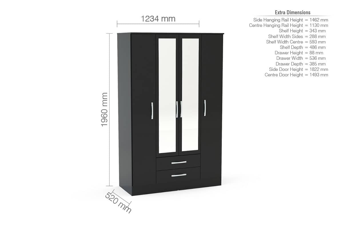 Lynx 4 Door 2 Drawer Wardrobe With Mirror - Black - Image 3