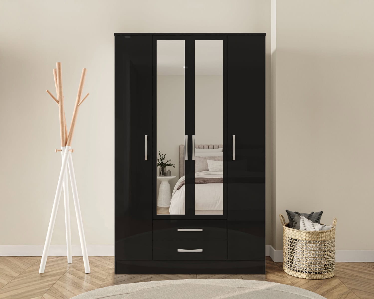 Lynx 4 Door 2 Drawer Wardrobe With Mirror - Black - Image 4