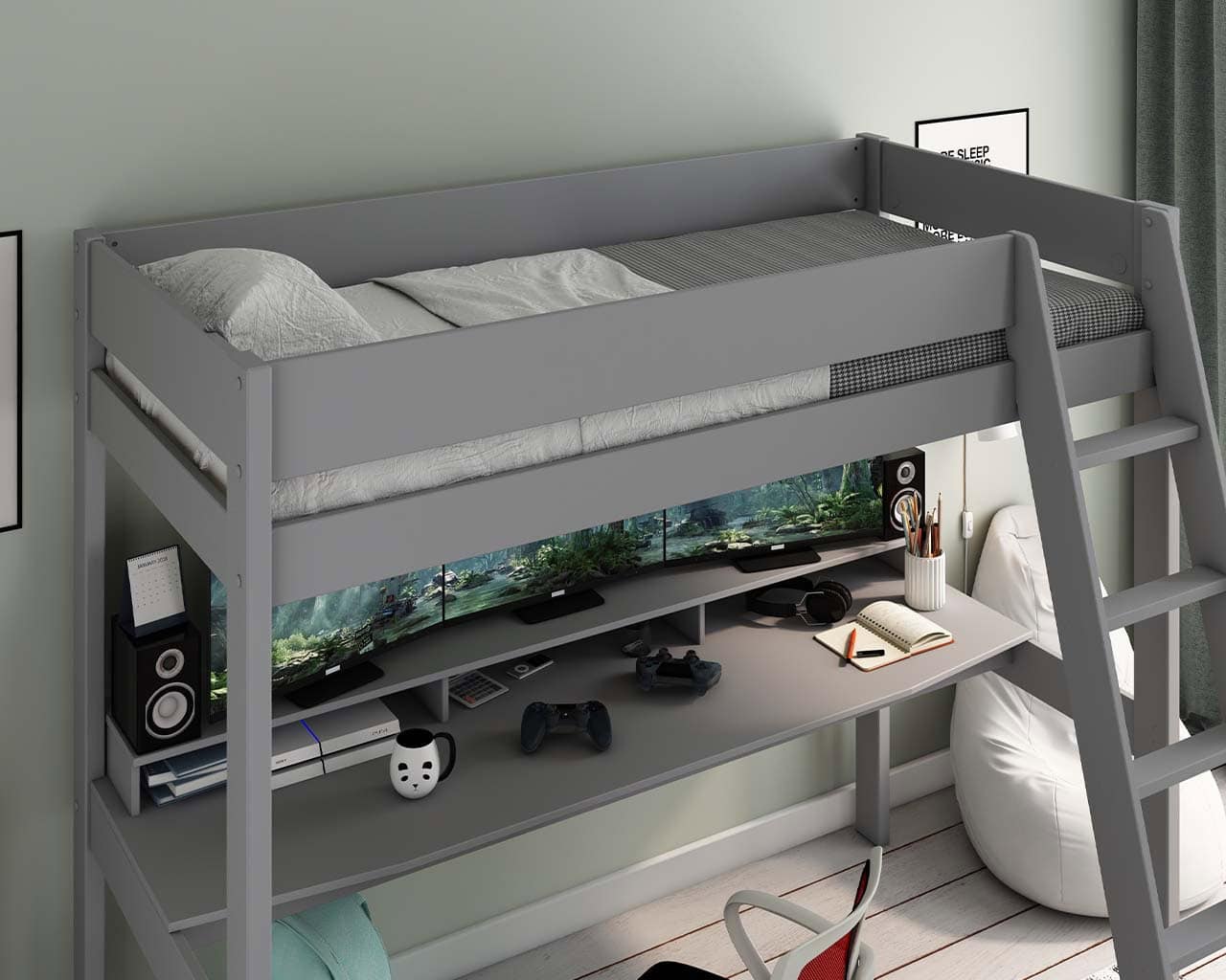 Kids Avenue Estella Grey Highsleeper with Gaming Desk - Image 2