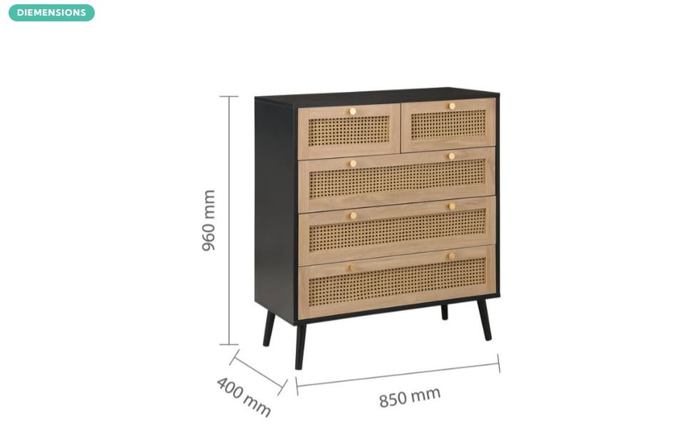 Croxley 5 Drawer Rattan Chest - Black - Image 7