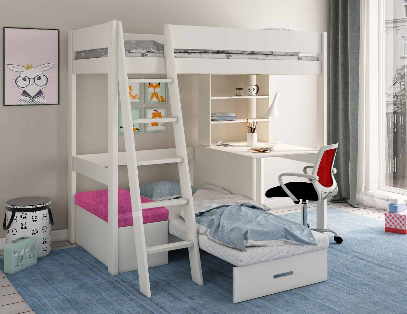 Kids Avenue Estella White Highsleeper with Pink Sofa Bed - Image 2