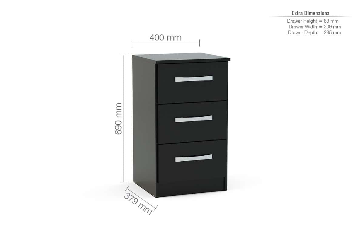 Lynx 3 Drawer Bedside - Black - Image 2