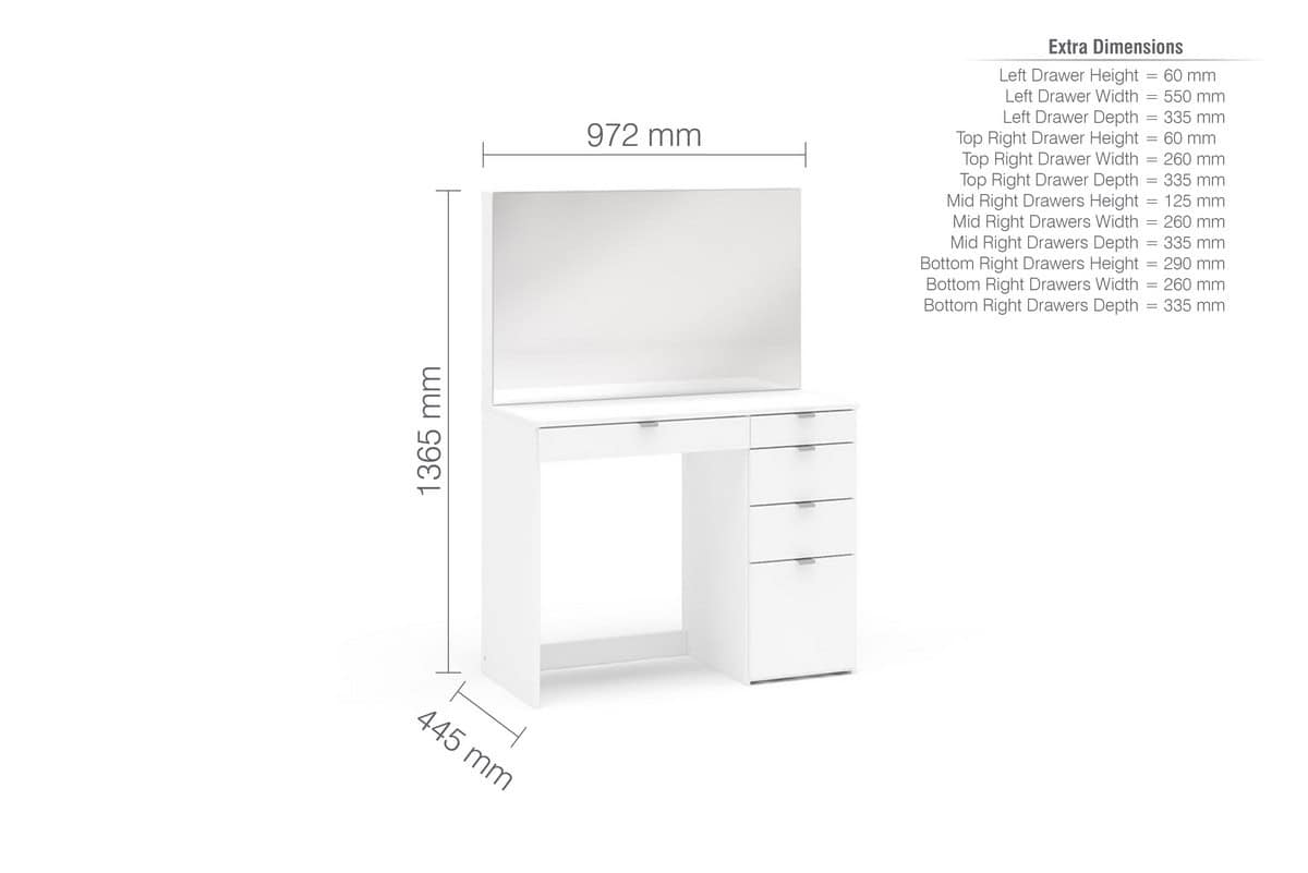 Ava 5 Drawer Dressing Table & Mirror - White - Image 9