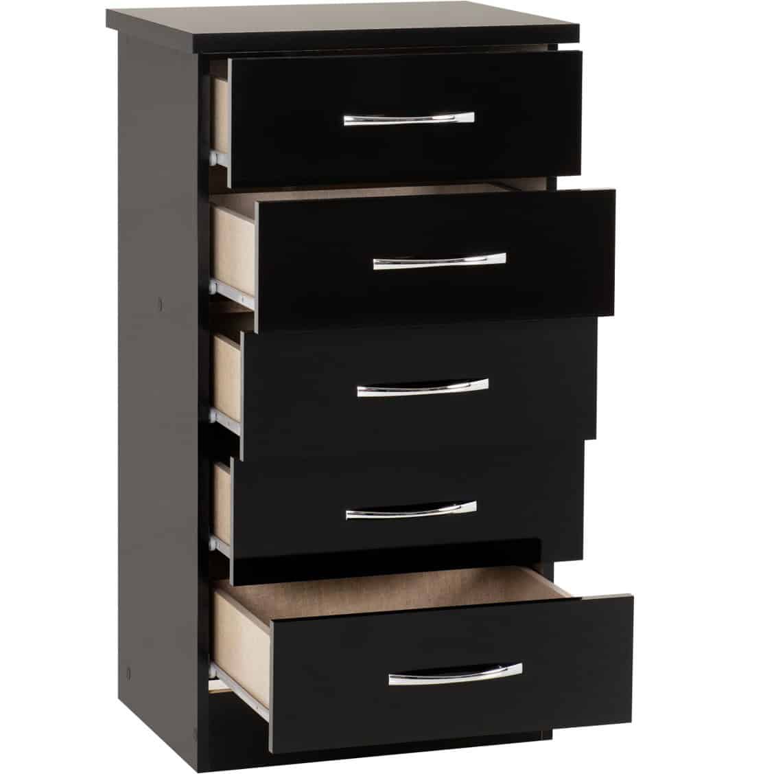 Nevada 5 Drawer Narrow Chest - Black Gloss - Image 2