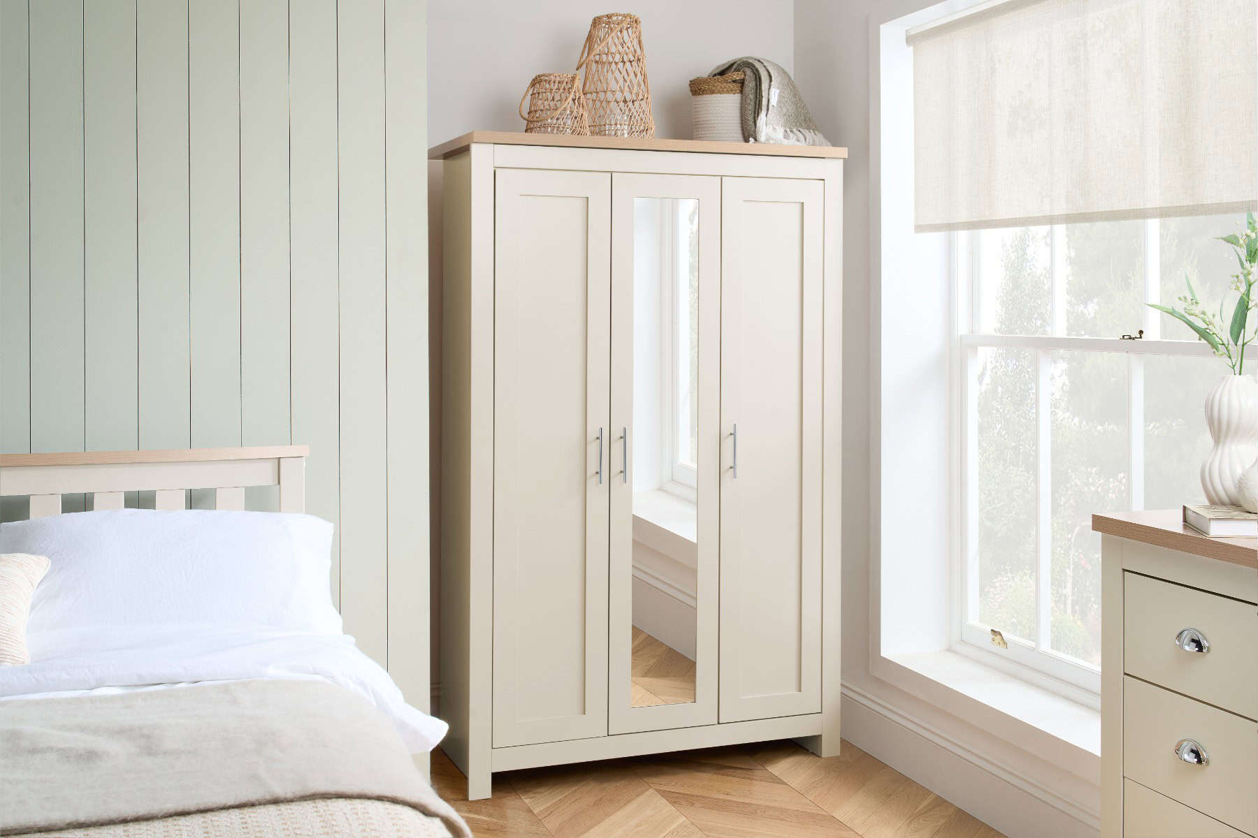 Highgate 3 Door Wardrobe with Mirrored Door - Cream & Oak | Buy Online | Beds.ie