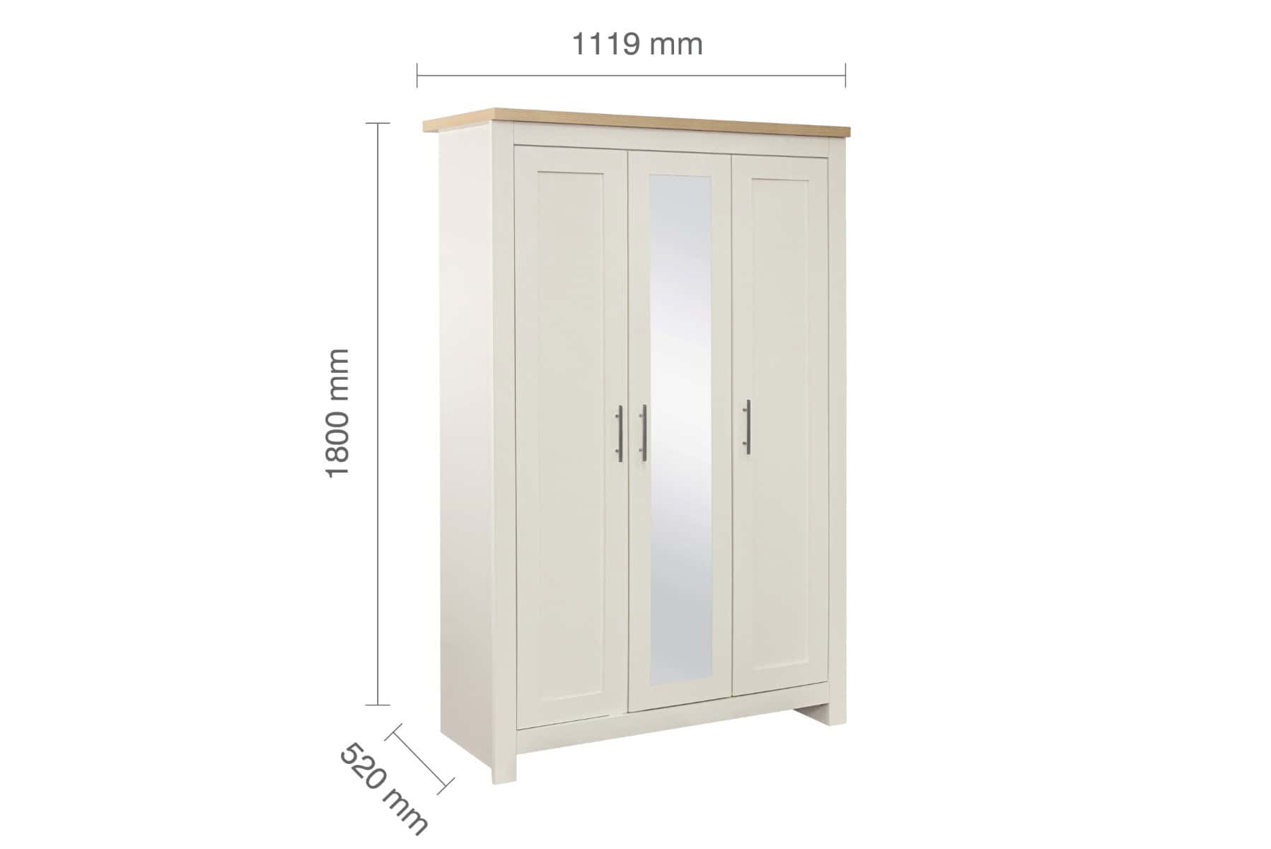 Highgate 3 Door Wardrobe with Mirrored Door - Cream & Oak - Image 6